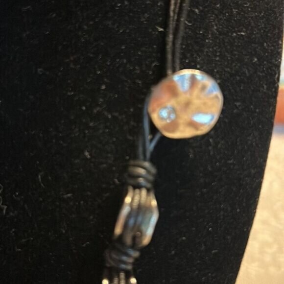 Chunky Black Cord Necklace With Silver-Tone Metal Beads Unique Button Accent - Picture 2 of 4